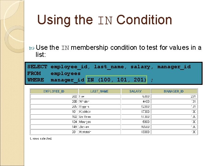 Using the IN Condition Use list: the IN membership condition to test for values