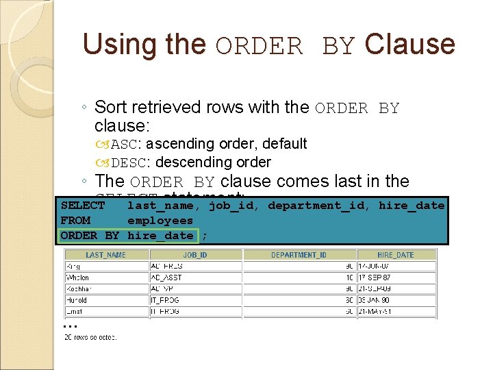 Using the ORDER BY Clause ◦ Sort retrieved rows with the ORDER BY clause: