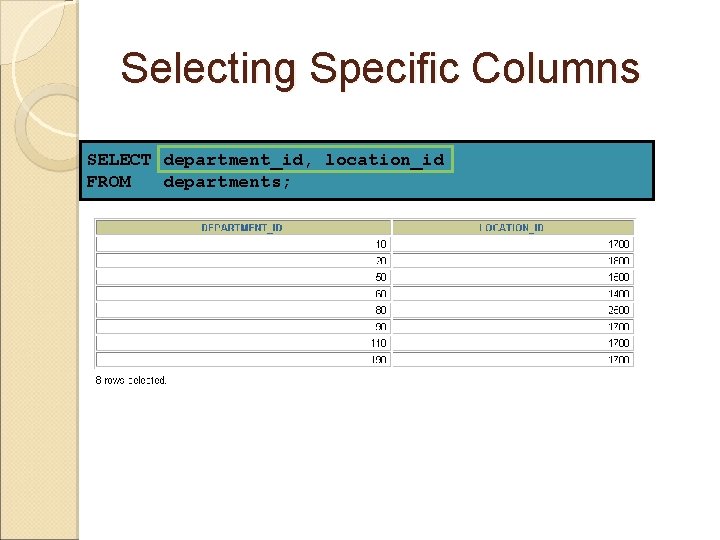 Selecting Specific Columns SELECT department_id, location_id FROM departments; 