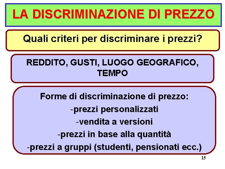 LA DISCRIMINAZIONE DI PREZZO Quali criteri per discriminare i prezzi? REDDITO, GUSTI, LUOGO GEOGRAFICO,