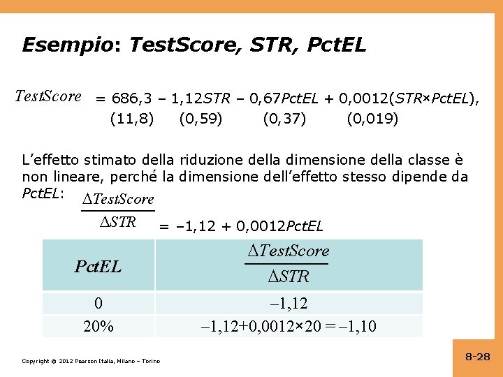 Esempio: Test. Score, STR, Pct. EL Test. Score = 686, 3 – 1, 12