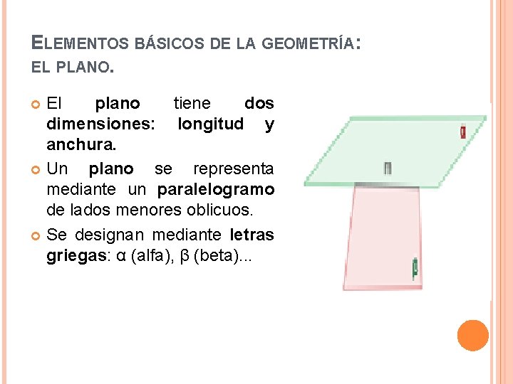 ELEMENTOS BÁSICOS DE LA GEOMETRÍA: EL PLANO. El plano tiene dos dimensiones: longitud y
