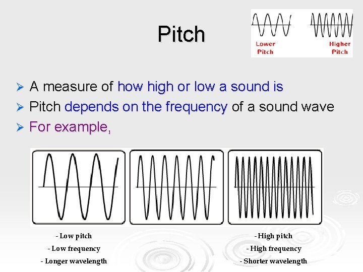 Pitch A measure of how high or low a sound is Ø Pitch depends