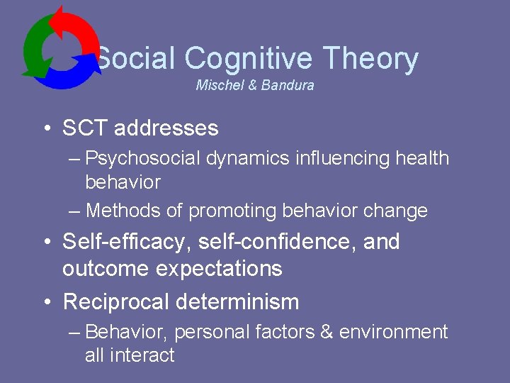 Social Cognitive Theory Mischel & Bandura • SCT addresses – Psychosocial dynamics influencing health