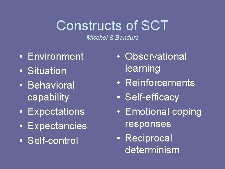 Constructs of SCT Mischel & Bandura • Environment • Situation • Behavioral capability •