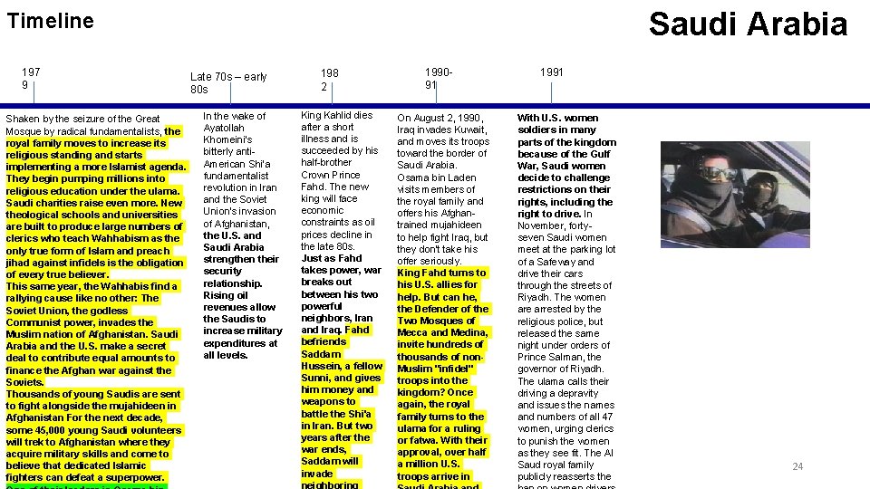 Saudi Arabia Timeline 197 9 Shaken by the seizure of the Great Mosque by Saudi Arabia Timeline 197 9 Shaken by the seizure of the Great Mosque by