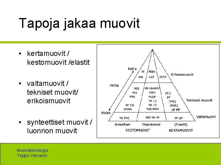 Tapoja jakaa muovit • kertamuovit / kestomuovit /elastit • valtamuovit / tekniset muovit/ erikoismuovit