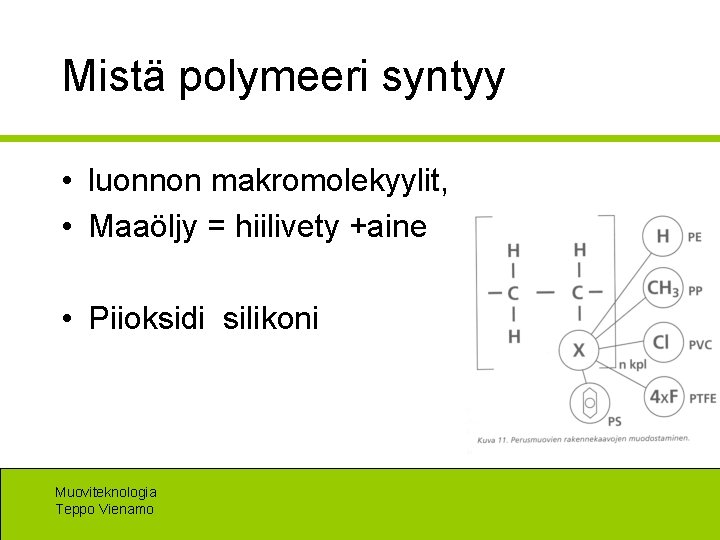 Mistä polymeeri syntyy • luonnon makromolekyylit, • Maaöljy = hiilivety +aine • Piioksidi silikoni