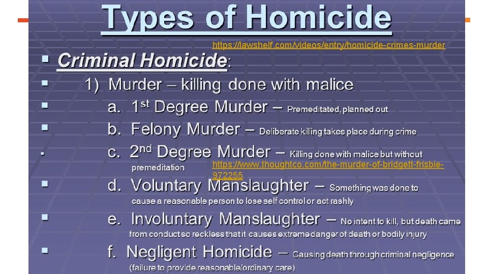 https: //lawshelf. com/videos/entry/homicide-crimes-murder https: //www. thoughtco. com/the-murder-of-bridgett-frisbie 972255 