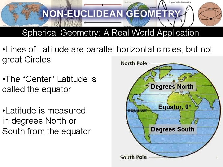 Spherical Geometry: A Real World Application • Lines of Latitude are parallel horizontal circles, Spherical Geometry: A Real World Application • Lines of Latitude are parallel horizontal circles,