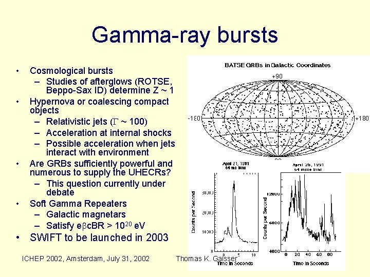 Gamma-ray bursts • • Cosmological bursts – Studies of afterglows (ROTSE, Beppo-Sax ID) determine