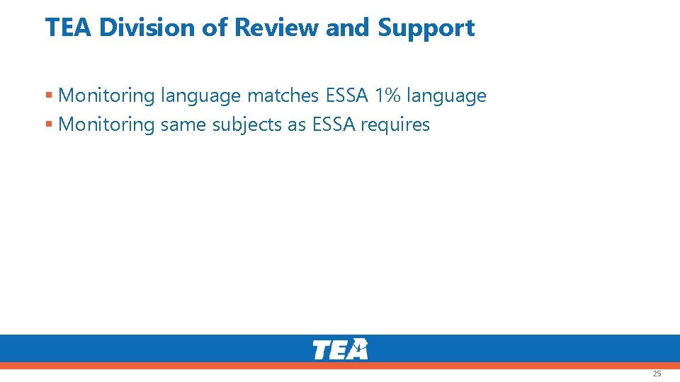 TEA Division of Review and Support Monitoring language matches ESSA 1% language Monitoring same