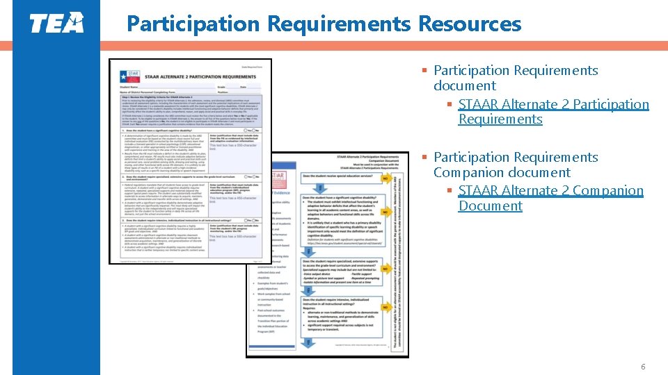 Participation Requirements Resources Participation Requirements document STAAR Alternate 2 Participation Requirements Companion document STAAR