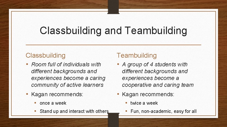 Classbuilding and Teambuilding Classbuilding • Room full of individuals with different backgrounds and experiences
