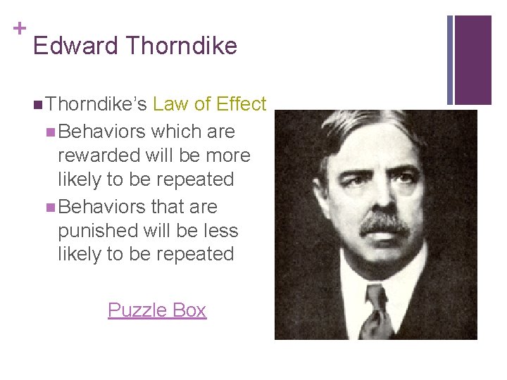 + Edward Thorndike n Thorndike’s Law of Effect n Behaviors which are rewarded will