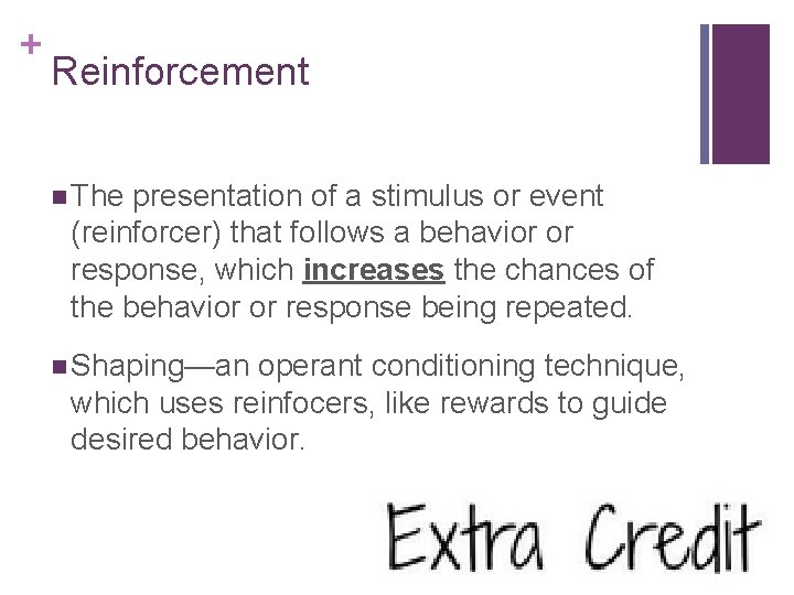 + Reinforcement n The presentation of a stimulus or event (reinforcer) that follows a