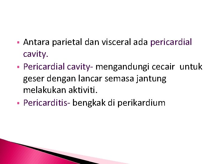  Antara parietal dan visceral ada pericardial cavity. Pericardial cavity- mengandungi cecair untuk geser