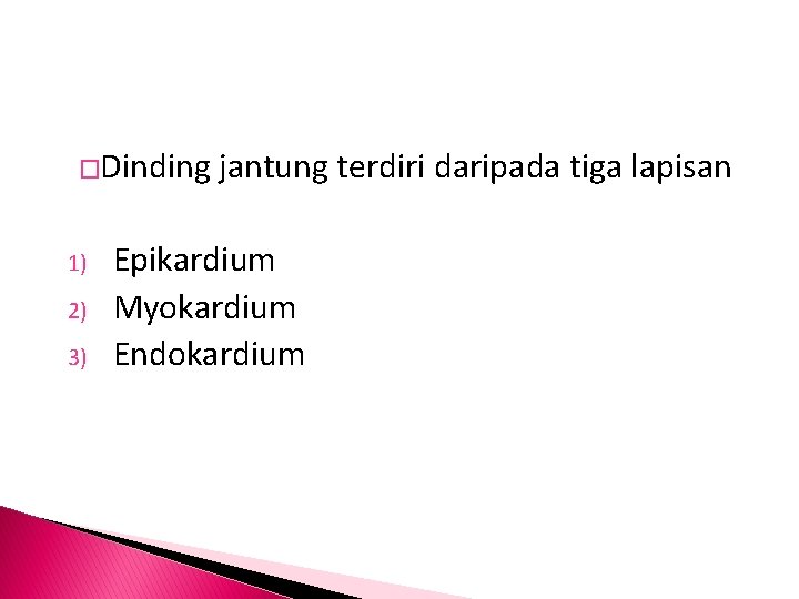 �Dinding 1) 2) 3) jantung terdiri daripada tiga lapisan Epikardium Myokardium Endokardium 