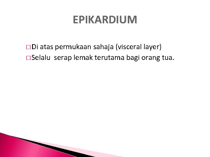 EPIKARDIUM � Di atas permukaan sahaja (visceral layer) � Selalu serap lemak terutama bagi