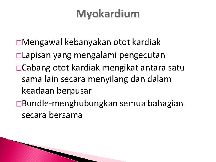 Myokardium �Mengawal kebanyakan otot kardiak �Lapisan yang mengalami pengecutan �Cabang otot kardiak mengikat antara