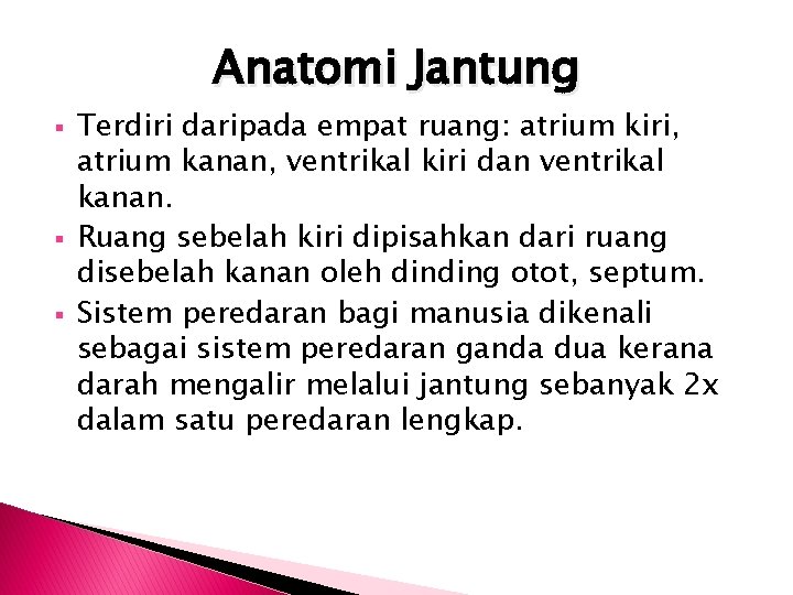 Anatomi Jantung Terdiri daripada empat ruang: atrium kiri, atrium kanan, ventrikal kiri dan ventrikal