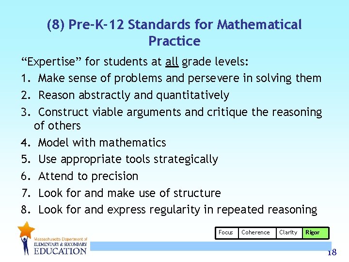 (8) Pre-K-12 Standards for Mathematical Practice “Expertise” for students at all grade levels: 1. (8) Pre-K-12 Standards for Mathematical Practice “Expertise” for students at all grade levels: 1.
