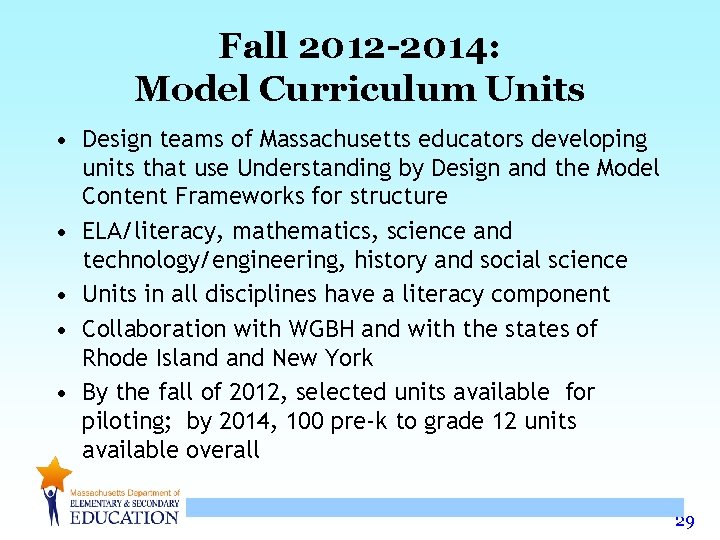 Fall 2012 -2014: Model Curriculum Units • Design teams of Massachusetts educators developing units Fall 2012 -2014: Model Curriculum Units • Design teams of Massachusetts educators developing units