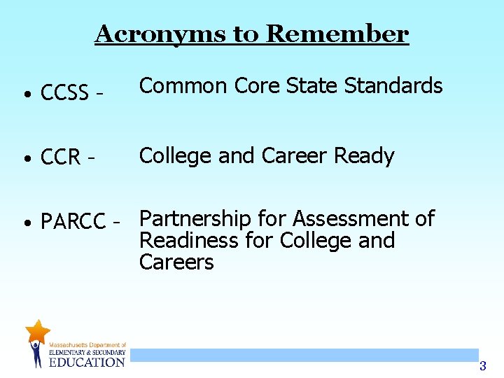 Acronyms to Remember • CCSS – Common Core State Standards • CCR – College Acronyms to Remember • CCSS – Common Core State Standards • CCR – College