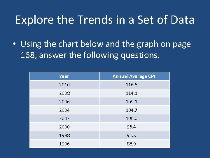 Explore the Trends in a Set of Data • Using the chart below and