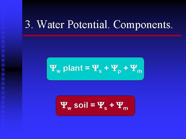 3. Water Potential. Components. w plant = s + p + m w soil