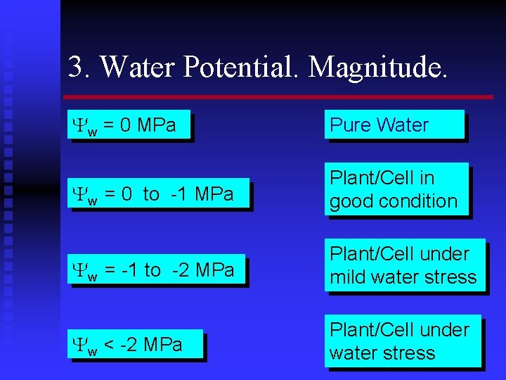 3. Water Potential. Magnitude. w = 0 MPa Pure Water w = 0 to