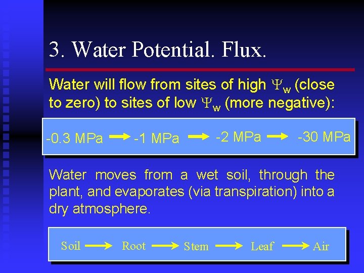 3. Water Potential. Flux. Water will flow from sites of high w (close to