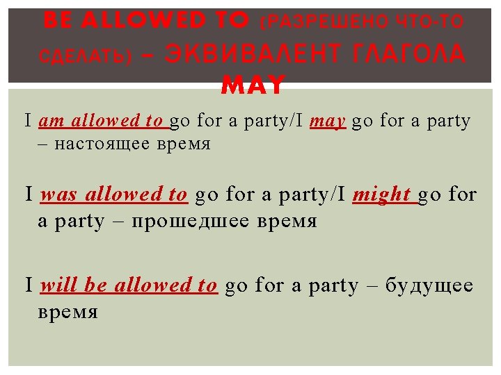 BE ALLOWED TO ( РАЗРЕШЕНО СДЕЛАТЬ ) ЧТО-ТО – ЭКВИВАЛЕНТ ГЛАГОЛА MAY I am