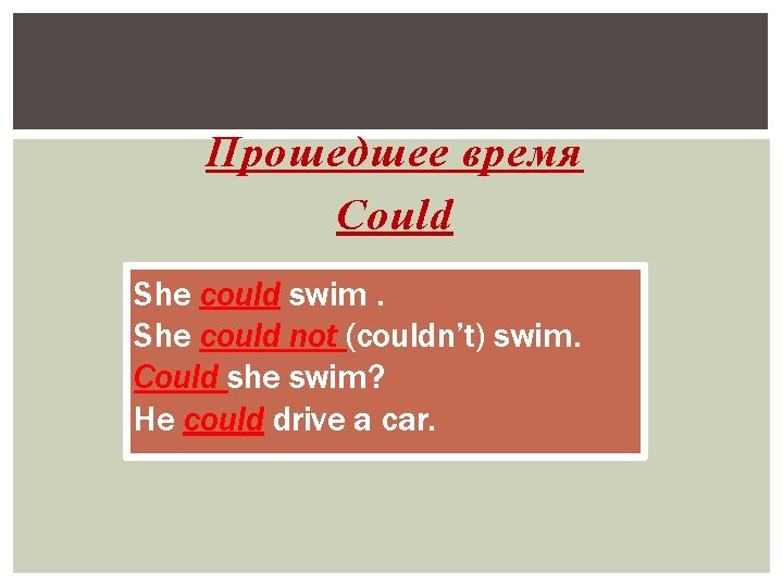 Прошедшее время Could She could swim. She could not (couldn’t) swim. Could she swim?