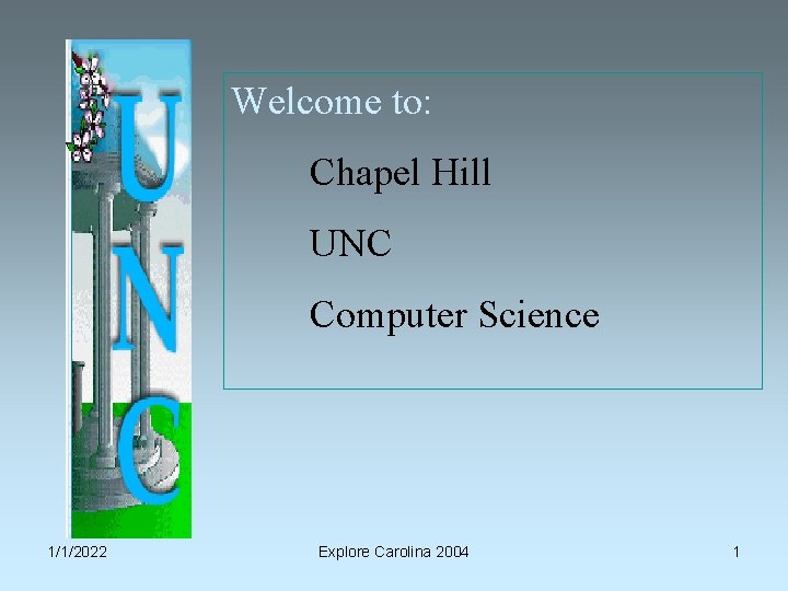 Welcome to: Chapel Hill UNC Computer Science 1/1/2022 Explore Carolina 2004 1 