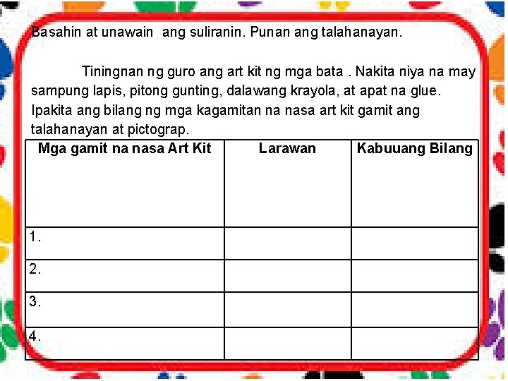 Basahin at unawain ang suliranin. Punan ang talahanayan. Tiningnan ng guro ang art kit