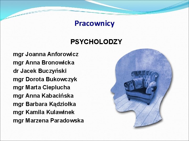 Pracownicy PSYCHOLODZY mgr Joanna Anforowicz mgr Anna Bronowicka dr Jacek Buczyński mgr Dorota Bukowczyk