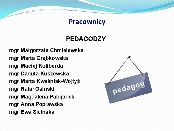 Pracownicy PEDAGODZY mgr Małgorzata Chmielewska mgr Marta Grąbkowska mgr Maciej Kuliberda mgr Danuta Kuszewska