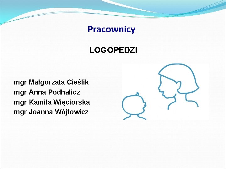 Pracownicy LOGOPEDZI mgr Małgorzata Cieślik mgr Anna Podhalicz mgr Kamila Więciorska mgr Joanna Wójtowicz