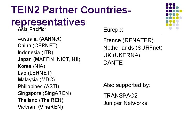 TEIN 2 Partner Countriesrepresentatives Asia Pacific: Europe: Australia (AARNet) China (CERNET) Indonesia (ITB) Japan