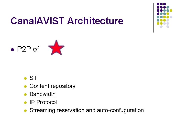 Canal. AVIST Architecture l P 2 P of l l l SIP Content repository