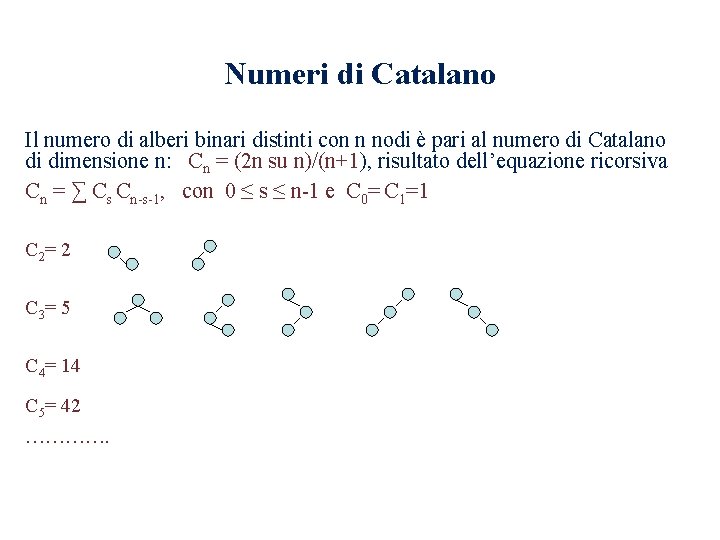 Numeri di Catalano Il numero di alberi binari distinti con n nodi è pari