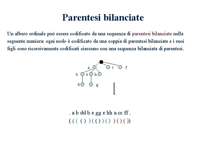 Parentesi bilanciate Un albero ordinale può essere codificato da una sequenza di parentesi bilanciate