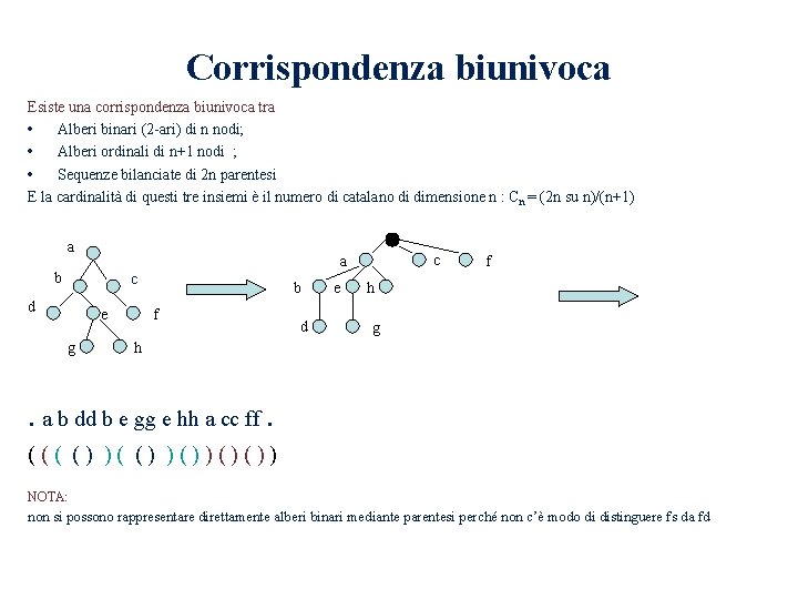 Corrispondenza biunivoca Esiste una corrispondenza biunivoca tra • Alberi binari (2 -ari) di n