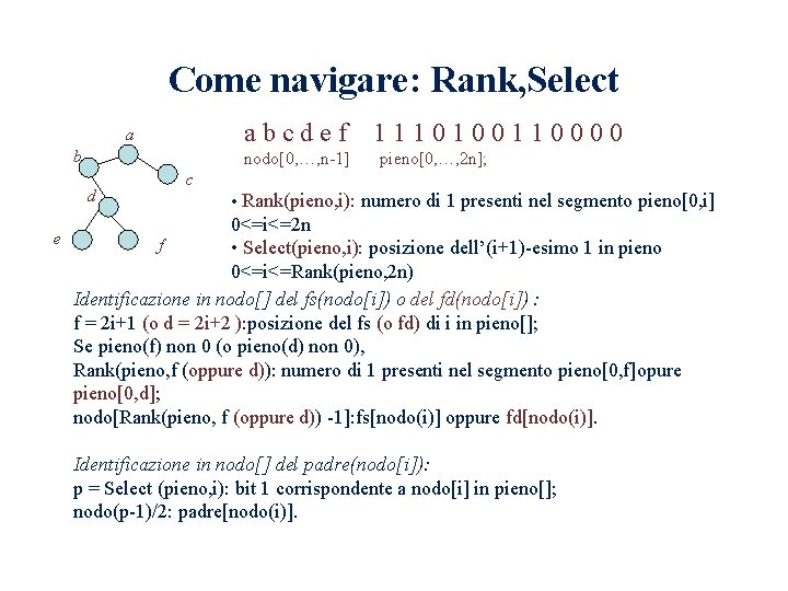 Come navigare: Rank, Select abcdef a b nodo[0, …, n-1] d e 1110100110000 pieno[0,