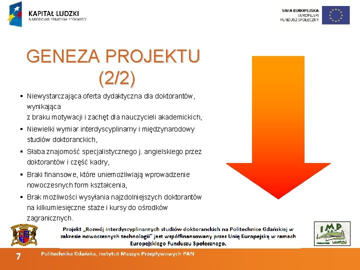 GENEZA PROJEKTU (2/2) § Niewystarczająca oferta dydaktyczna dla doktorantów, wynikająca z braku motywacji i