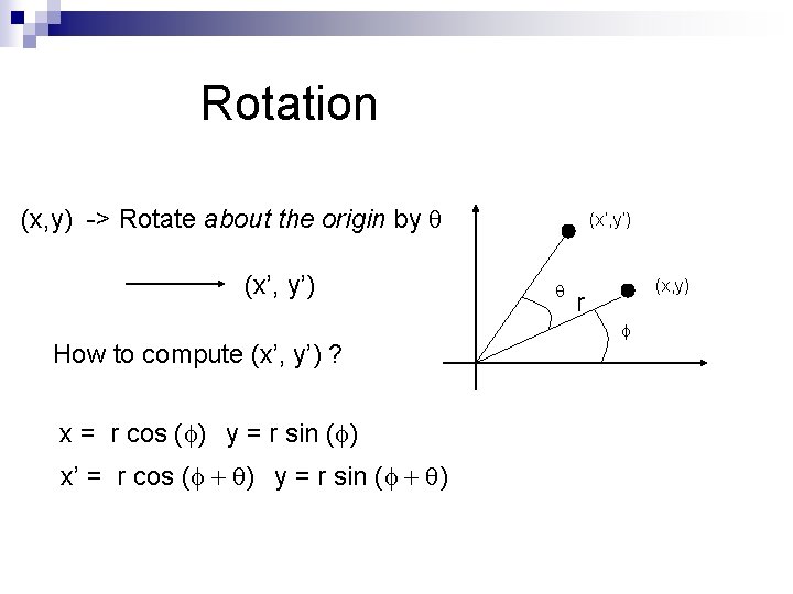 Rotation (x, y) -> Rotate about the origin by q (x’, y’) How to