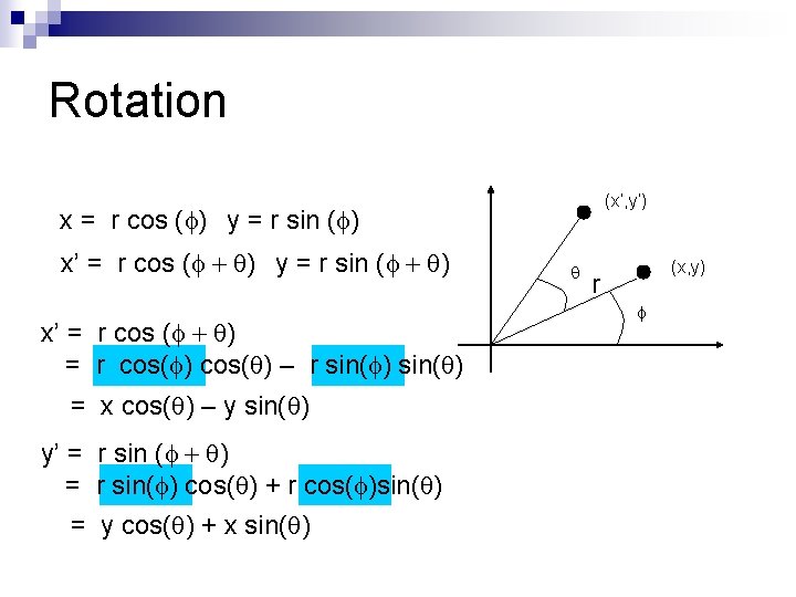 Rotation (x’, y’) x = r cos (f) y = r sin (f) x’