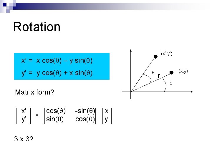 Rotation (x’, y’) x’ = x cos(q) – y sin(q) y’ = y cos(q)