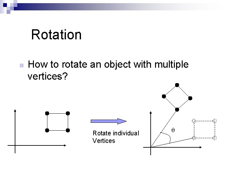 Rotation n How to rotate an object with multiple vertices? Rotate individual Vertices q